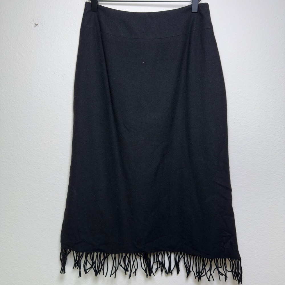 VTG 90s Harold's Women‎ Wool Skirt 8 Black Fringe Hem Midi Western Boho Festival
